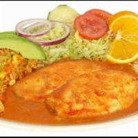 Chile Relleno  · 2 poblano stuffed peppers, topped with ranchera sauce. Served with rice, beans and tortillas. 