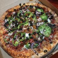 Deluxe Pizza · Traditional red pizza sauce, pepperoni, mushrooms, green peppers, red onions, black olives, ...