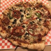 Veggie Lovers Pizza · Tomato, mushroom, bell pepper, artichoke, black olive, garlic and onion. Vegetarian.