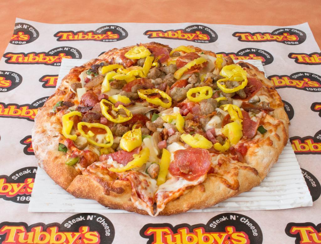 Tubby's Everything · Pizza sauce, cheese, pepperoni, ham, Italian sausage, mushrooms, onions, green peppers.
