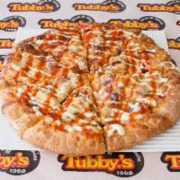 Tubby's CBR Pizza · Ranch dressing, cheese, chicken, bacon, red onions, topped with buffalo sauce.