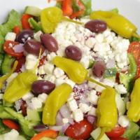 Greek Salad · Romaine Leaf, green peppers, sweet red peppers, grape tomatoes, feta cheese, pepperoncini, r...