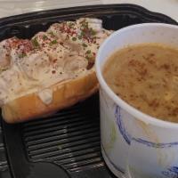 Soup and Sandwich · Your choice between the shrimp salad sandwich or our crab cake sandwich and a cup of soup.