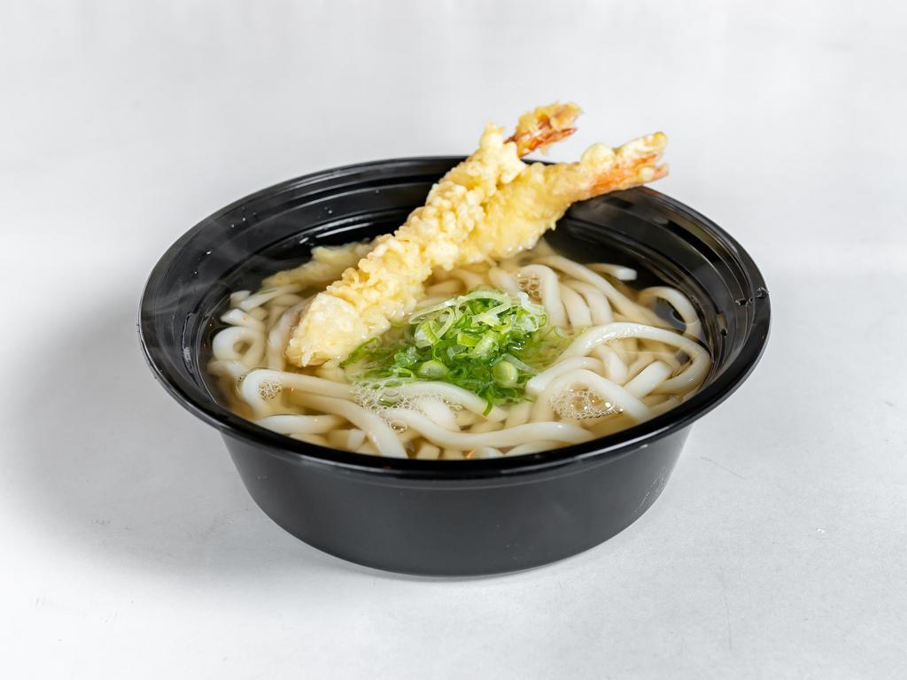 Tempura Udon Soup · Noodles soup with 2 pieces of shrimp tempura and scallions.