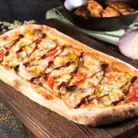 BBQ Chicken Pizza · BBQ sauce, chicken, sweet peppers and red onions.