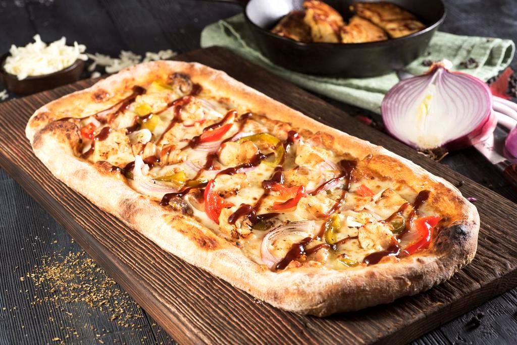 BBQ Chicken Pizza · BBQ sauce, chicken, sweet peppers and red onions.