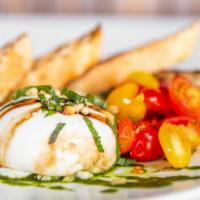 House-made Burrata · cherry tomatoes, house-made pesto, giardinaire peppers, aged balsamic vinegar, grilled bread