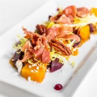 Beet Salad · roasted beets, goat cheese, prosciutto, pecan butter, sherry wine vinaigrette, roasted beet ...