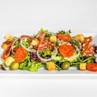 Italian Salad (large) · arugula, mixed greens, crsipy pancetta, salami, pepperoni, toasted pine nuts, whole castelve...