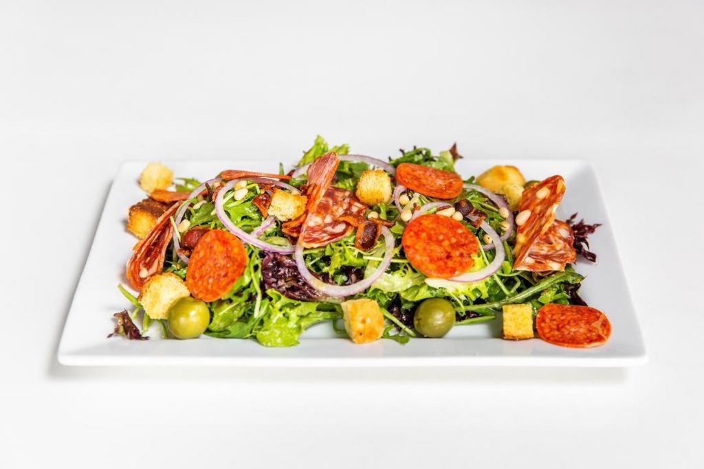 Italian Salad (large) · arugula, mixed greens, crsipy pancetta, salami, pepperoni, toasted pine nuts, whole castelvetrano olives, red onion, house-made croustons, giardiniera vinaigrette