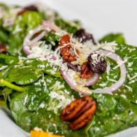 Spinach Salad (small) · parmesan, dried cherries, candied pecans, red onion, house-made croutons, giardiniera vinaig...