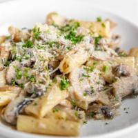 Mushroom Rigatoni · rigatoni pasta, white wine cream sauce, fresh mushrooms, onions, shallots, garlic, grana pad...