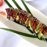 Dragon Roll Chef's Special · Shrimp tempura and cucumber inside, topped with eel avocado and eel sauce.
