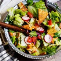 14. Fattoush Salad · Lettuce, tomatoes, cucumbers, green peppers, radish, onion, parsley, fattoush dressing (oliv...