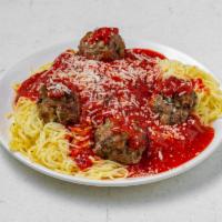 Spaghetti with Meatballs · Traditional spaghetti with red sauce. Contains eggs, milk, gluten. Vegetarian.