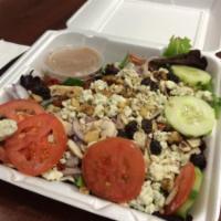 Blue Cheese Walnut Salad · Mixed springs, red onion, mushroom, sun dried tomatoes, cucumber, tomatoes, blue cheese crum...