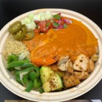 Indian Bowl or Burrito  · Choice of carbs and protein, chickpeas, grilled zucchini,carrots, peppers onions with tikka ...