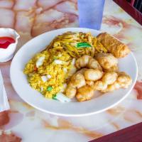 Combination Plates B · Egg roll, sweet and sour chicken, chicken lo mein, chicken fried rice comes with a small swe...
