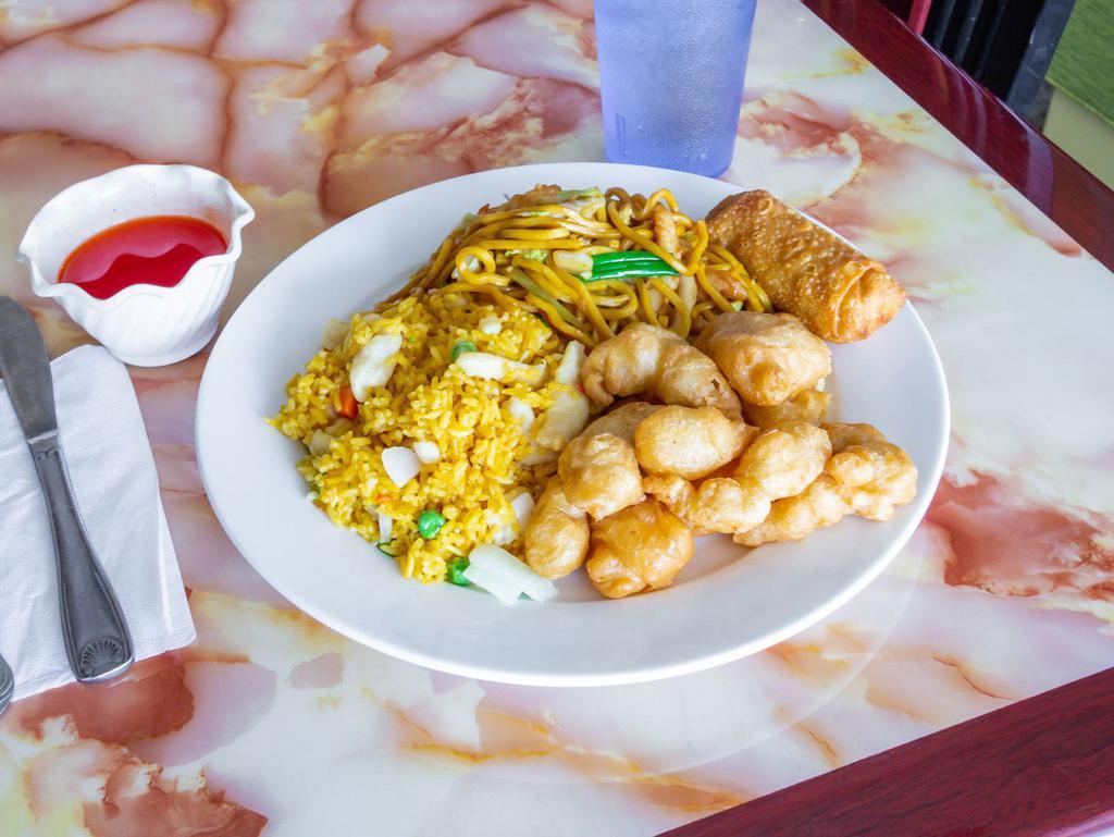 Combination Plates B · Egg roll, sweet and sour chicken, chicken lo mein, chicken fried rice comes with a small sweet and sour sauce. No substitutions allowed.