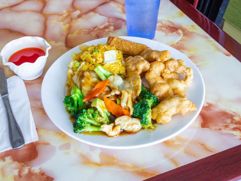 Combination Plates C · Egg roll, chicken with broccoli, sweet and sour chicken, chicken fried rice comes with a small sweet and sour sauce. No substitutions allowed.