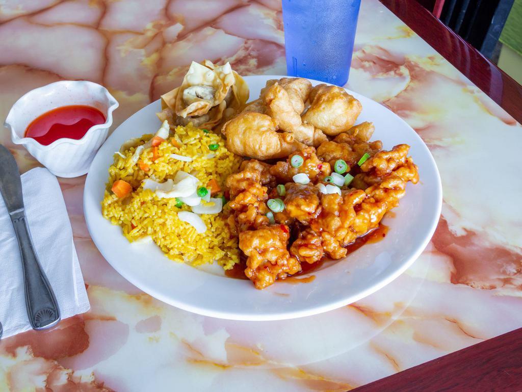 Combination Plates E · Fried wonton, sweet and sour pork, general tso's chicken spicy, chicken fried rice comes with a small sweet and sour sauce.