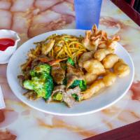 Combination Plates F · Cream cheese wonton, sweet and sour chicken, beef with broccoli, chicken lo mein comes with ...