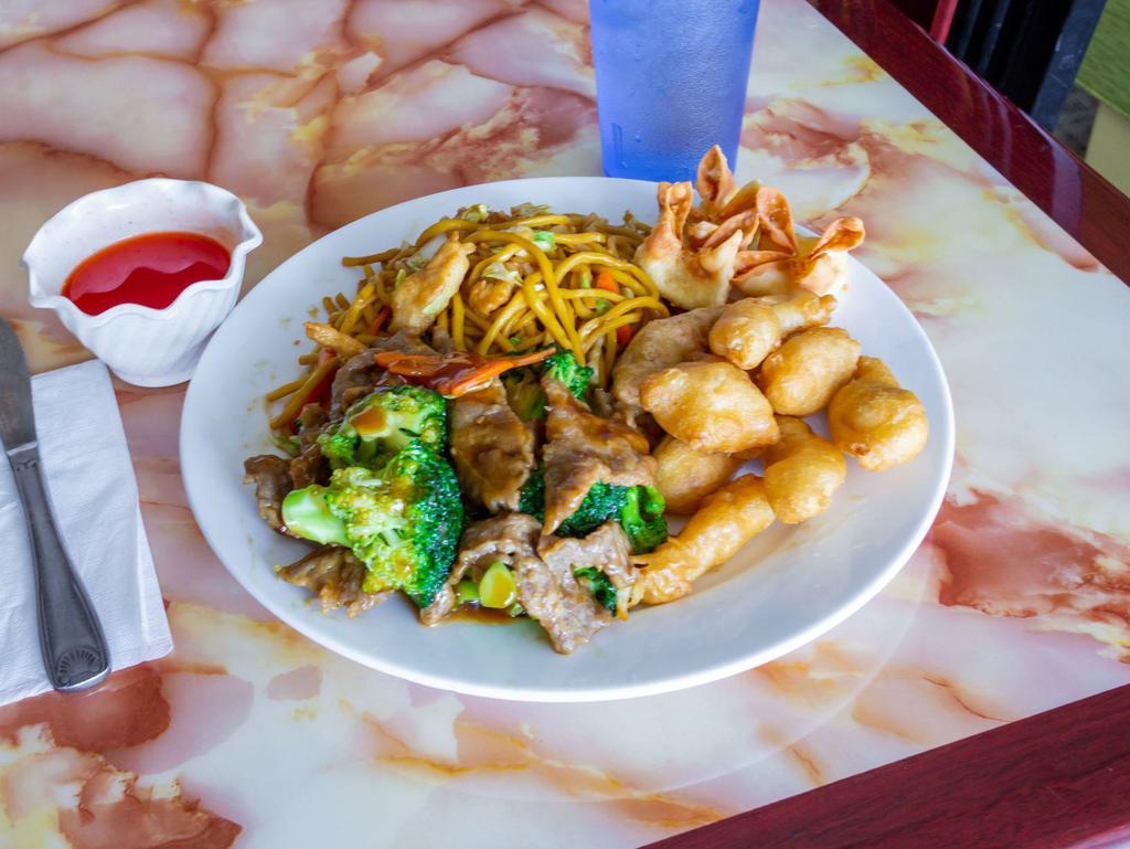 Combination Plates F · Cream cheese wonton, sweet and sour chicken, beef with broccoli, chicken lo mein comes with a small sweet and sour sauce. No substitutions allowed.