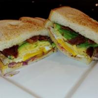 Bacon Avocado Sandwich · Mayo, avocado, red onion, tomato, egg, and mozzarella.