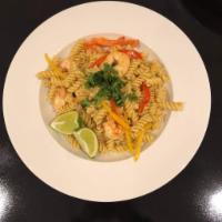 Cajun Shrimp Pasta · Rotini pasta, bell pepper mix, cilantro, and shrimp.