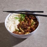 83. Mongolian Beef · Served with steamed rice.