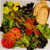 Le Vegetarian Salad plus a Drink · Mixed baby greens, vine-ripened tomatoes, fresh mozzarella, Kalamata olives, avocado, carame...