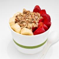 #1. ACAI BOWL · Coconut milk, frozen banana, acai, spinach, date. 
Topped with strawberries, banana, and Raw...