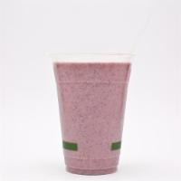 BLUEBERRY BLISS SMOOTHIE · Coconut h2O, banana, coconut meat, blueberries, almond butter, maca, agave