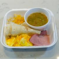Breakfast Bowl with Chili · Eggs, hash browns, bacon, ham or sausage, cheddar cheese and green chili, topped with fresh ...