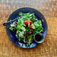 Organic House Salad · Baby lettuces, olives and house-pickled cucumbers & tomatoes. With balsamic vinaigrette on t...