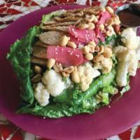  Big Sesame Chicken Salad · Mary’s roast-chicken, shredded organic romaine lettuce. Roasted organic cauliflower, pickled...