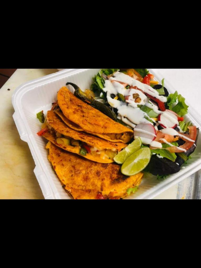 Tacos Governador · The governor shrimp tacos. Protein: Marinated grilled shrimp. Toppings: A melody of grilled veggies like green and red peppers, onions drizzled with our popular house made chipotle sauce. Sides: Accompanied with a side salad.