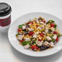 Fiesta Salad · Spring mix, baby spinach, corn with green & red peppers, tomato, red onion, Colby &  Montere...