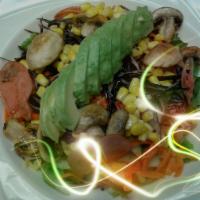 Amar Salad · Tomatoes, cucumbers, carrots, Peruvian corns, grilled mushrooms, pickled radish & avocado ov...