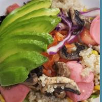 Vegan Quinoa Salad ·  Peruvian Organic Quinoa, tomatoes, cucumbers, carrots, red cabbage, Peruvian corns, pickled...