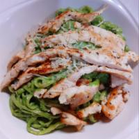 Tallarines Verdes (Pesto Pasta) · Rich basil & spinach cream sauce served over pasta.


(As Pictured add  grilled chicken)