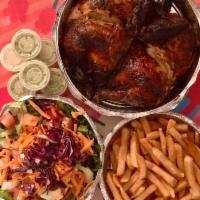 1 Peruvian Rotisserie Chicken, Fries & Salad · 1 Whole Chicken served with french fries and salad.