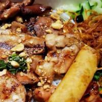 V5. Bun Dac Biet · Super noodles bowl. Vermicelli noodles, grill chicken, grill pork, shrimp and egg rolls.
