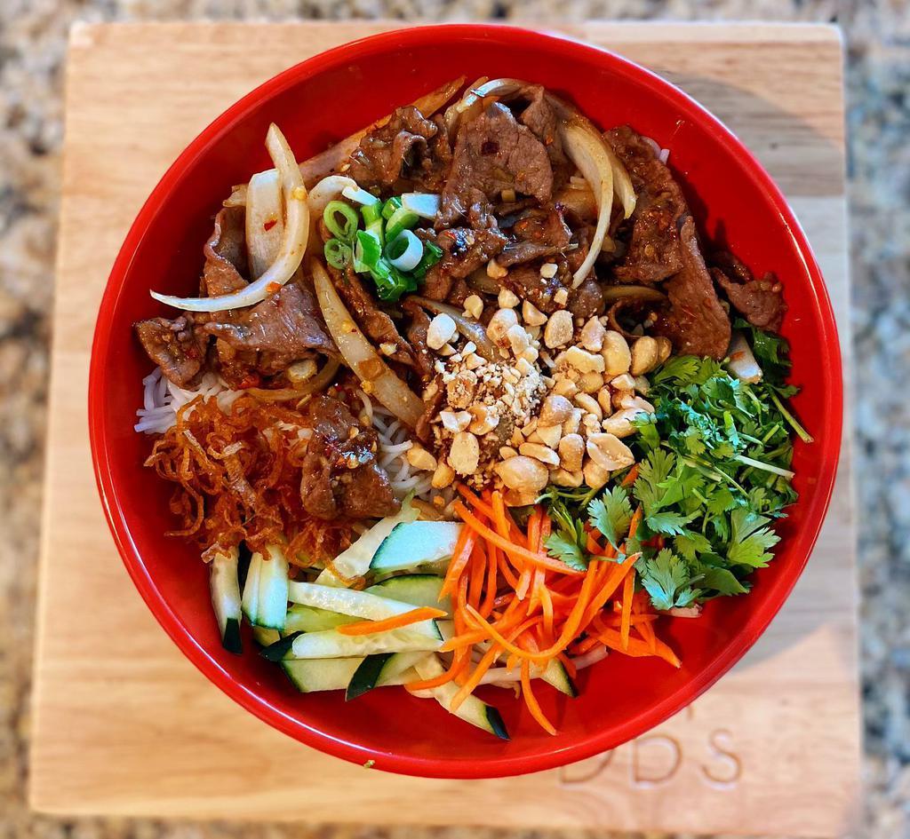 Beef Sate Noodle Bowl ( Spicy) · Vermicelli noodle, beef , onion , lemongrass served with mix fish sauce.