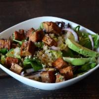 Spiced Tofu Salad (Vegan) · Spiced garlic tofu, guacamole, quinoa, pickled red onions and Asian sesame vinaigrette. Vegan.