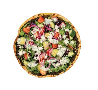Athena · spinach & herb spread topped w/ arugula, tomatoes, cucumbers, black olives, pickled red onion, feta cheese, tzatziki