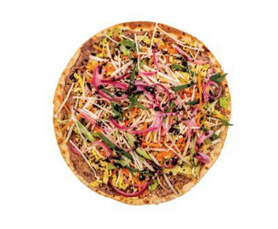Mandarin · red bean spread topped w/ napa cabbage,
shredded carrots, bean sprouts, shiitake mushrooms, pickled red onion, hoisin, scallions, sesame seeds