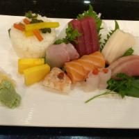 Chirashi · 12 pieces a variety of raw fish over seasoned rice. Served with soup or salad.