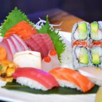 Sushi and Sashimi Combo · 5 pieces sushi, 12 pieces of sashimi and California roll.