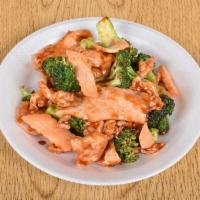 75. Chicken with Broccoli · Served with rice.